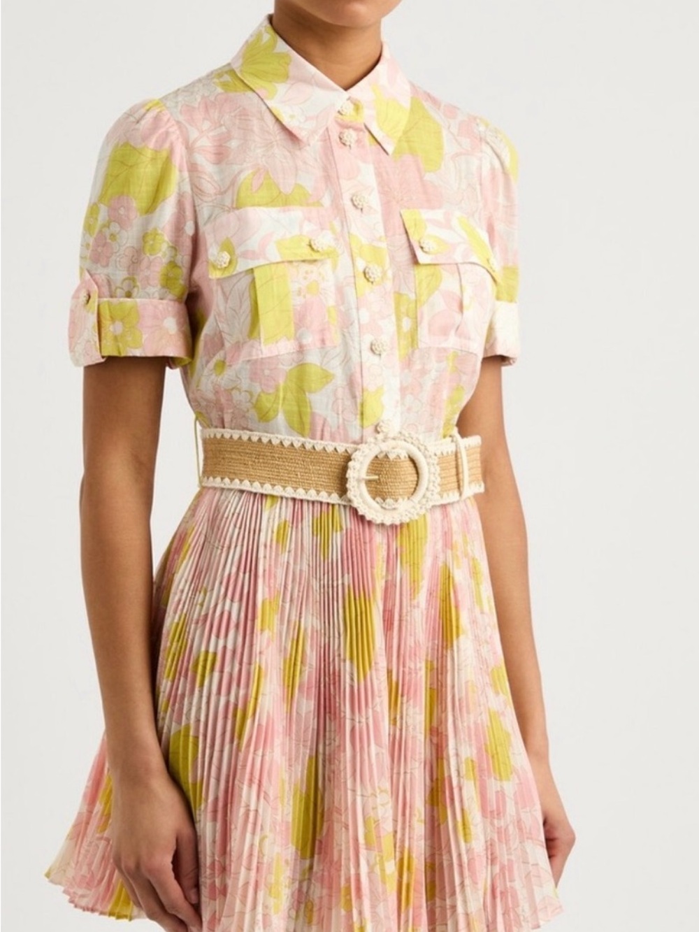 Zimmermann floral yellow pink dress with woven belt. 100% authentic. LIKE NEW